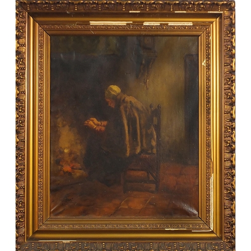 1001 - Female beside a fire and gentleman smoking a pipe, pair of Dutch school oil on canvasses, each indis... 