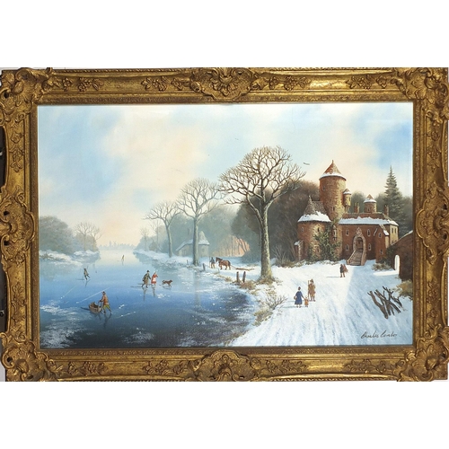 235 - Charles Comber - Dutch winter landscape with figures ice skating on a lake, oil on canvas, framed, 7... 