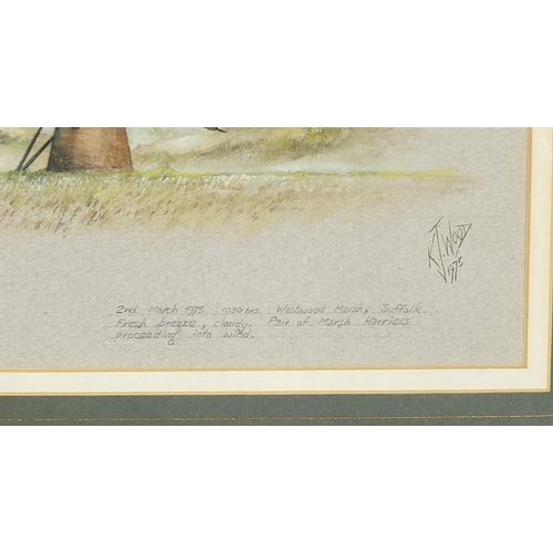 680 - K J Wood 1975 - Westwood Marsh, Suffolk, watercolour with pencil inscription, Marsh Harriers label v... 