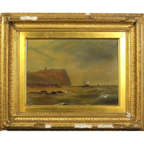 448 - Ships on water beside a coastline, oil on board, W Herbert Yates, Richmond label verso, mounted and ... 