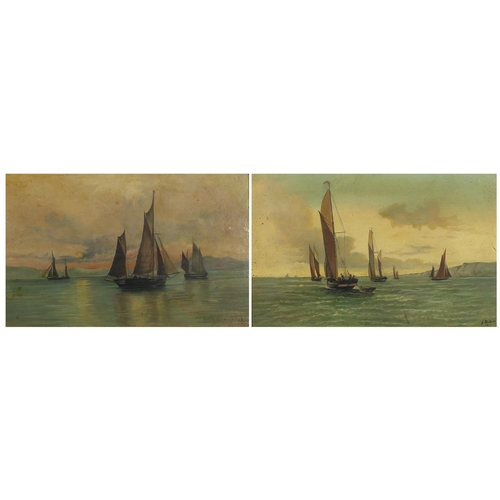 104 - F Peerless 1897 - Boats on water with figures, pair of late 19th century oil on boards, framed, each... 