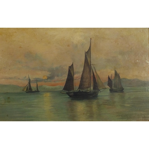 104 - F Peerless 1897 - Boats on water with figures, pair of late 19th century oil on boards, framed, each... 