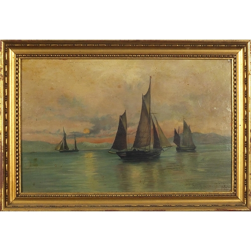 104 - F Peerless 1897 - Boats on water with figures, pair of late 19th century oil on boards, framed, each... 