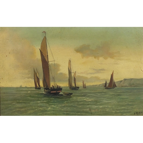 104 - F Peerless 1897 - Boats on water with figures, pair of late 19th century oil on boards, framed, each... 