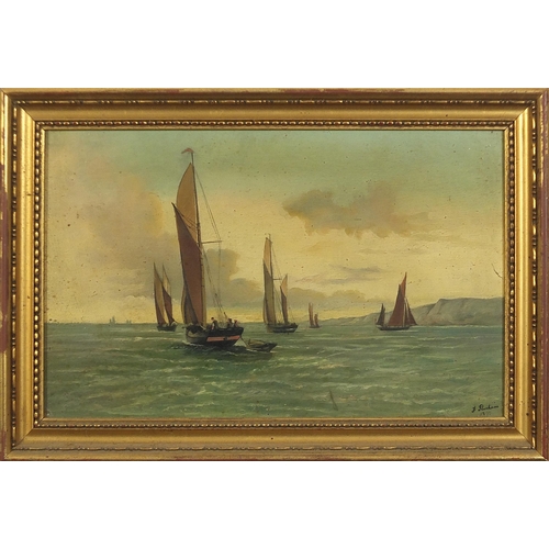 104 - F Peerless 1897 - Boats on water with figures, pair of late 19th century oil on boards, framed, each... 