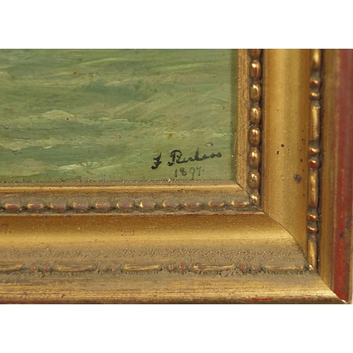 104 - F Peerless 1897 - Boats on water with figures, pair of late 19th century oil on boards, framed, each... 