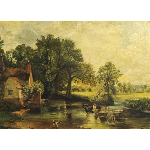 602 - After John Constable, rural landscape with horse and cart, oil on board, indistinctly signed, possib... 