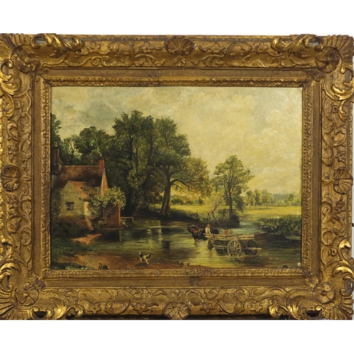 602 - After John Constable, rural landscape with horse and cart, oil on board, indistinctly signed, possib... 