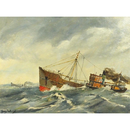 1005 - Ships on stormy seas, maritime interest oil on board, possibly James ...?, inscribed verso Trawler J... 