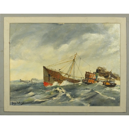 1005 - Ships on stormy seas, maritime interest oil on board, possibly James ...?, inscribed verso Trawler J... 