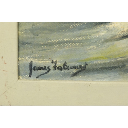 1005 - Ships on stormy seas, maritime interest oil on board, possibly James ...?, inscribed verso Trawler J... 