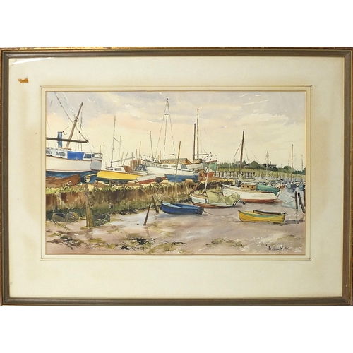 569 - Barbara Wyllie - Mitchell's Boatyard, Poole and Pin Mill, Suffolk, one watercolour and one pastel, m... 