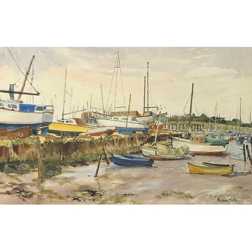 569 - Barbara Wyllie - Mitchell's Boatyard, Poole and Pin Mill, Suffolk, one watercolour and one pastel, m... 