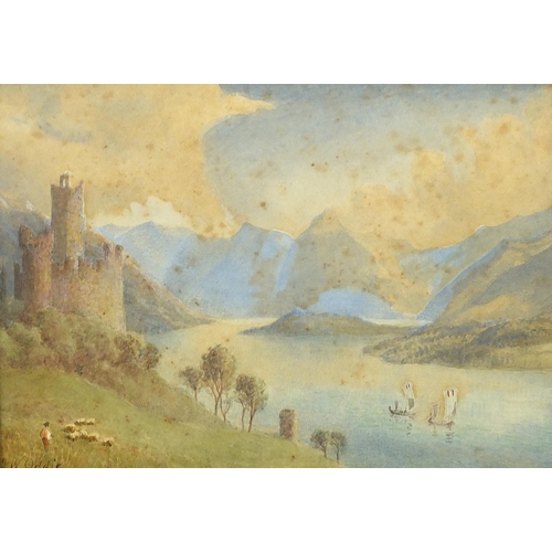 382 - J W Oddie - Castle of Vacona, Lake of Como and Welsh Lakeland scenery, set of four 19th century wate... 