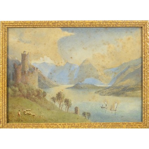 382 - J W Oddie - Castle of Vacona, Lake of Como and Welsh Lakeland scenery, set of four 19th century wate... 