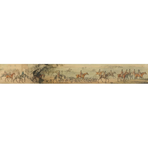 849 - Huntsmen on horseback with hounds, set of six panoramic prints in colour, each with Latin inscriptio... 