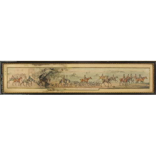 849 - Huntsmen on horseback with hounds, set of six panoramic prints in colour, each with Latin inscriptio... 