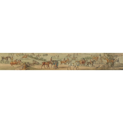 849 - Huntsmen on horseback with hounds, set of six panoramic prints in colour, each with Latin inscriptio... 