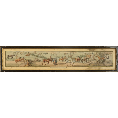 849 - Huntsmen on horseback with hounds, set of six panoramic prints in colour, each with Latin inscriptio... 