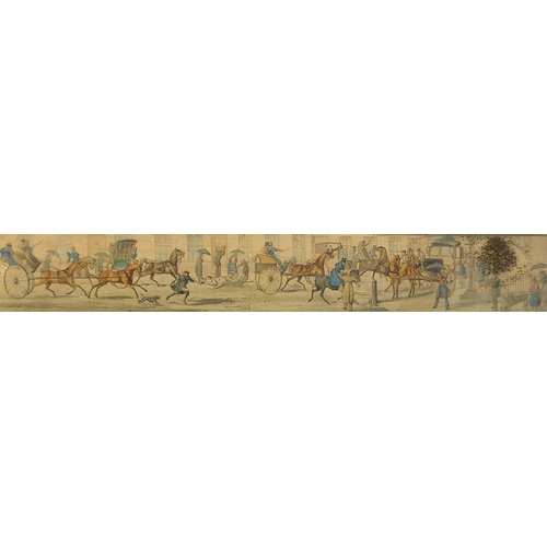 849 - Huntsmen on horseback with hounds, set of six panoramic prints in colour, each with Latin inscriptio... 