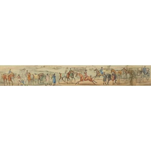 849 - Huntsmen on horseback with hounds, set of six panoramic prints in colour, each with Latin inscriptio... 