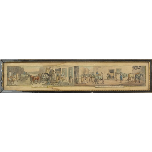 849 - Huntsmen on horseback with hounds, set of six panoramic prints in colour, each with Latin inscriptio... 