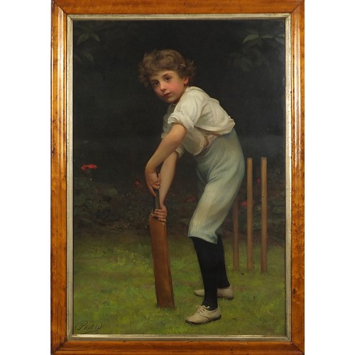 843 - Vintage Pears lithographic print of a young boy playing cricket, mounted, framed and glazed, 69.5cm ... 