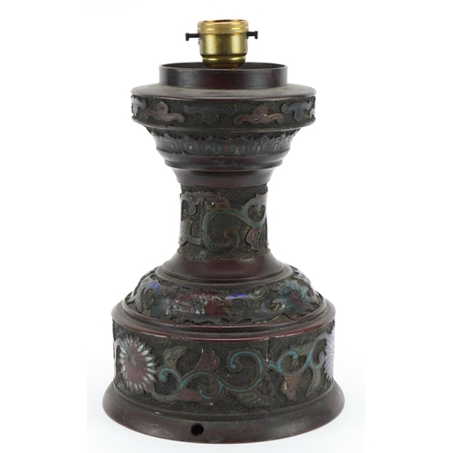 783 - Japanese patinated bronze champleve enamel table lamp decorated with flowers, 25cm high