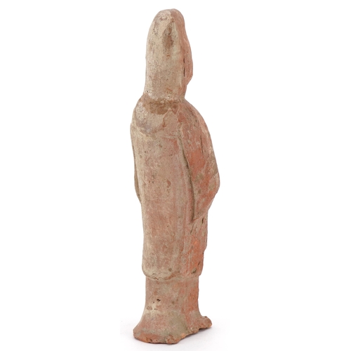 395 - Chinese terracotta figure of an attendant wearing a robe, reputedly Tang dynasty, 20cm high