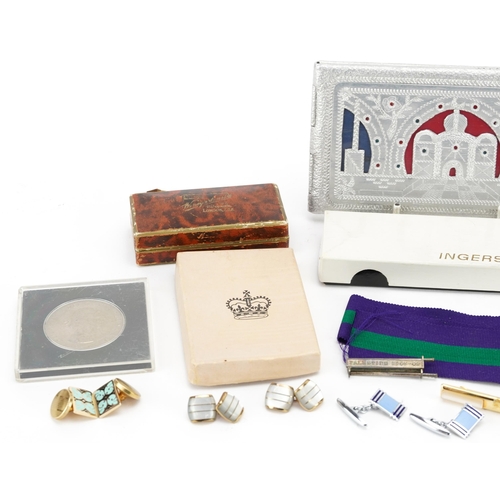 743 - Sundry items including an Indian cigarette case, commemorative Churchill crown and pair of Art Deco ... 