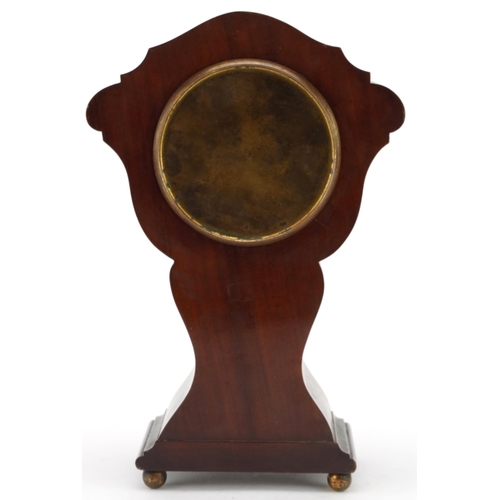 50 - Art Nouveau mahogany mantle clock with copper and white metal inlay having a circular dial, 25.5cm h... 