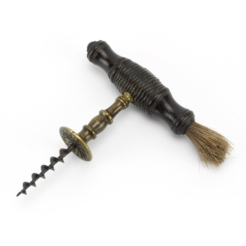 410 - 19th century Henshall type brass corkscrew with turned wood handle and side brush, impressed Wilmot ... 