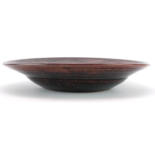 490 - Large studio pottery shallow bowl in the manner of Ray Finch, 36.5cm in diameter