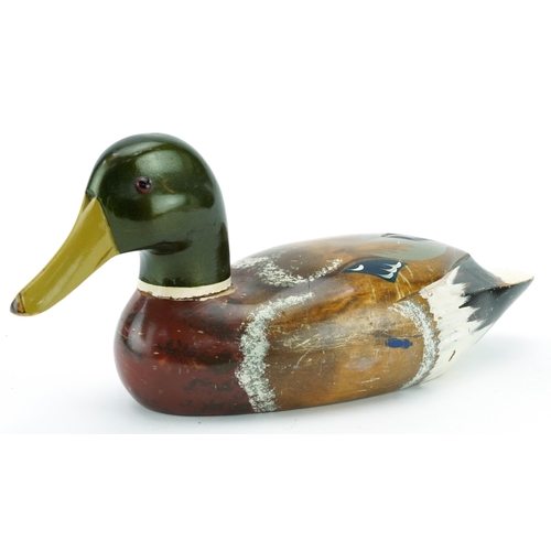 655 - Vintage hand painted wood duck decoy with sprung head, 38cm in length