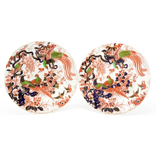 967 - Pair of Royal Crown Derby cabinet plates decorated with birds of paradise, each impressed Derby VIII... 