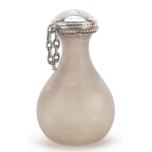 466 - Frosted glass scent bottle with unmarked silver lid, 7.5cm high