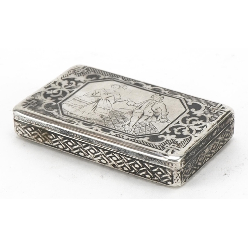 114 - Unmarked silver niello work vesta, the hinged lid engraved with a courting couple, 6.5cm wide, 51.5g