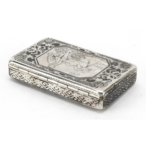 114 - Unmarked silver niello work vesta, the hinged lid engraved with a courting couple, 6.5cm wide, 51.5g