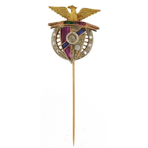 2450 - Unmarked gold Benfica Football Club stickpin set with diamonds, rubies, sapphires and emeralds, 4.5c... 