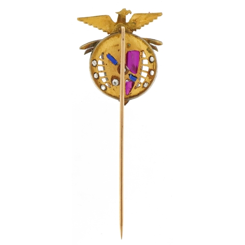 2450 - Unmarked gold Benfica Football Club stickpin set with diamonds, rubies, sapphires and emeralds, 4.5c... 