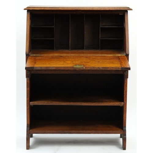 875 - Art Nouveau oak student's bureau with copper mounts, 100cm H x 76cm W x 30.5cm D