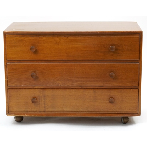 857 - Ercol light elm three drawer chest, 66cm H x 91cm W x 48cm D