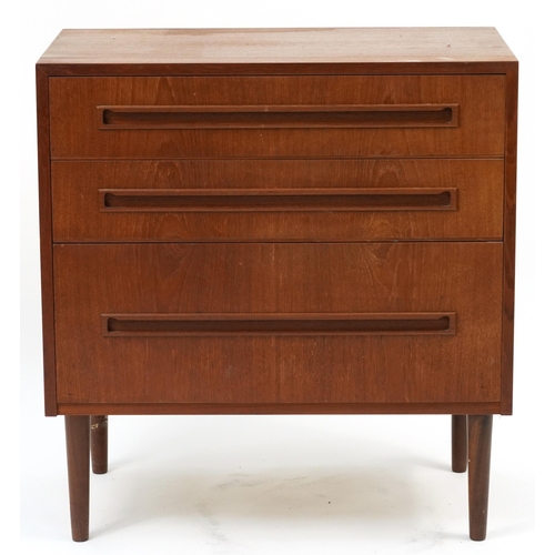 864 - Vintage Danish teak three drawer chest, 78cm H x 73.5cm W x 42cm D