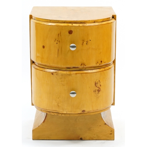 890 - Art Deco style bird's eye maple design two drawer nightstand, 59cm H x 39cm W x 49cm D excluding the... 