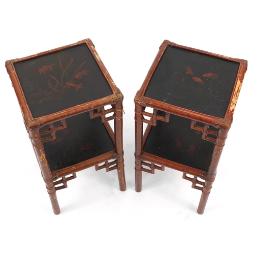 873 - Pair of Chinese simulated bamboo and lacquered side tables, 64cm H x 32 W x 32cm D