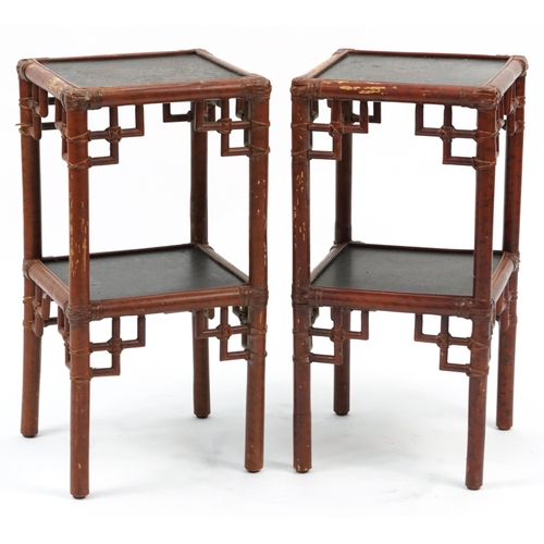 873 - Pair of Chinese simulated bamboo and lacquered side tables, 64cm H x 32 W x 32cm D