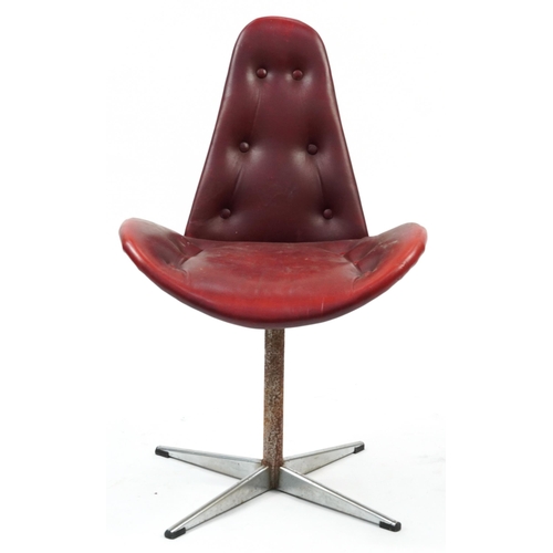 881 - 1970s industrial style swivel chair with burgundy leather button back upholstery, 86cm high