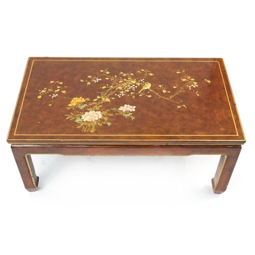 886 - Chinese lacquered coffee table hand painted with a bird amongst cherry blossom, 40cm H x 91.5cm W x ... 