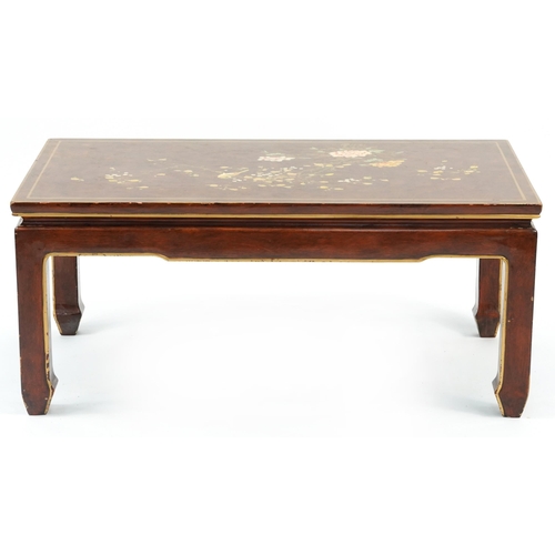 886 - Chinese lacquered coffee table hand painted with a bird amongst cherry blossom, 40cm H x 91.5cm W x ... 