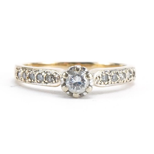 2095 - 14ct gold diamond solitaire ring with diamond set shoulders, the diamond approximately 3.5mm in diam... 